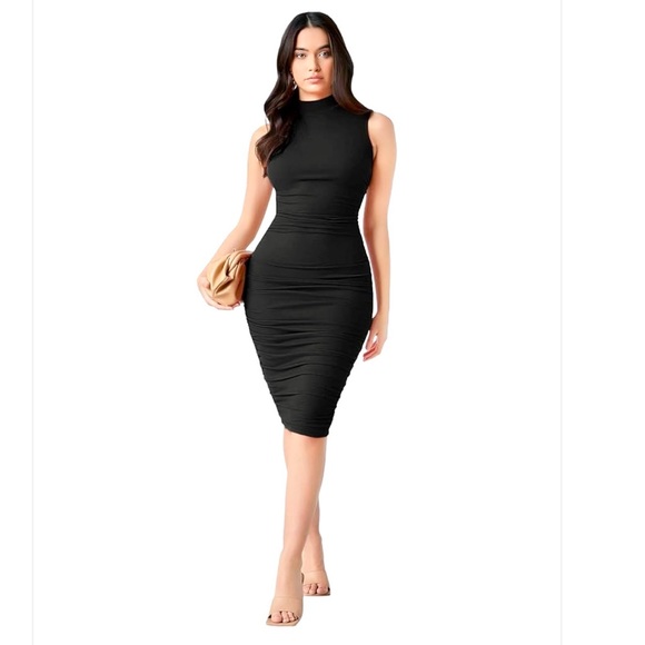SHEIN Dresses & Skirts - SHEIN XL Black Sleeveless Mock Neck Ruched Midi Dress